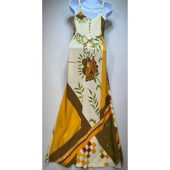 RUNVS Women's Long Maxi Dress Size S Multi Leaf Patchwork Sleeveless Back Tie - Picture 7 of 13